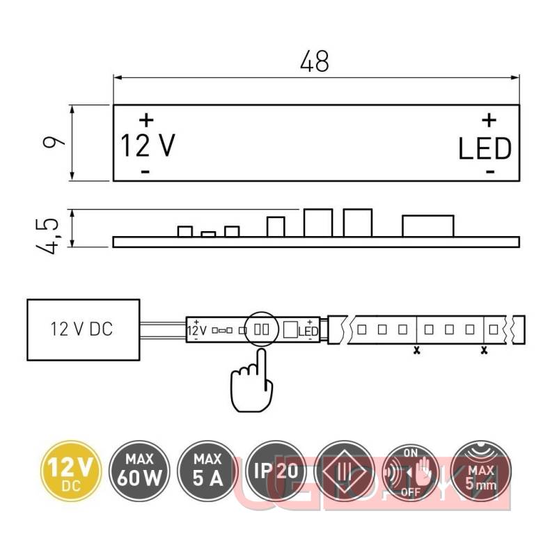 Микровыключатель для профилей GLAX 12V, max 60W, max 5A, IP20