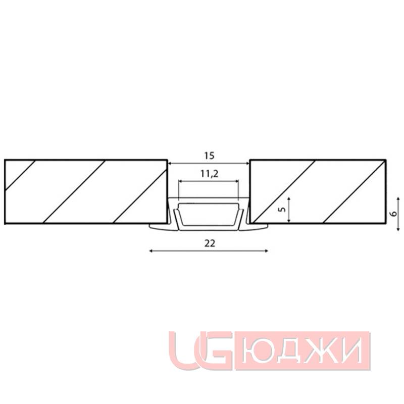 Профиль алюминиевый 22х6мм L-2м, врезной с заглушками и крепежом